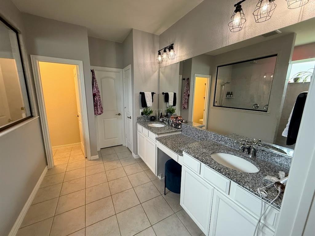 1109 Pinnacle Ridge Road Fort Worth, TX 76052 - Photo 16 of 40 a bathroom with a granite countertop sink a mirror and a shower