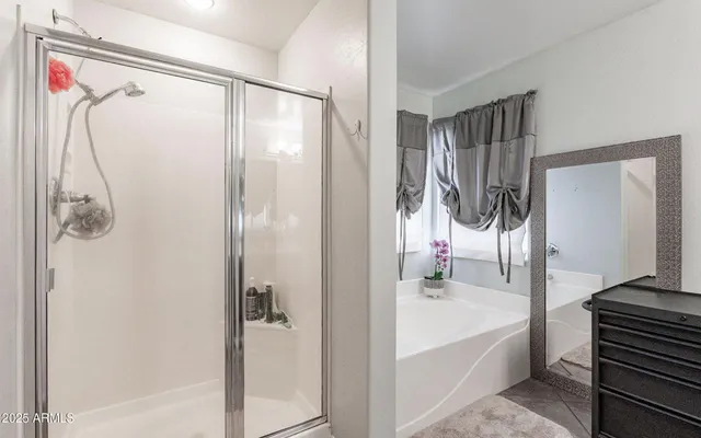 a bathroom with a bathtub and a shower