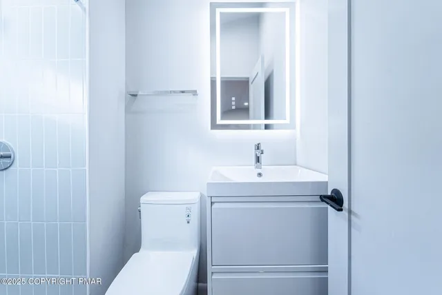 a bathroom with a toilet sink and mirror