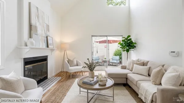 a living room with furniture a fireplace and a potted plant