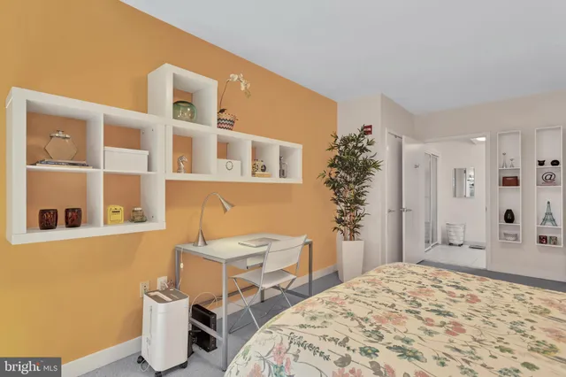 a bedroom with a bed and a closet