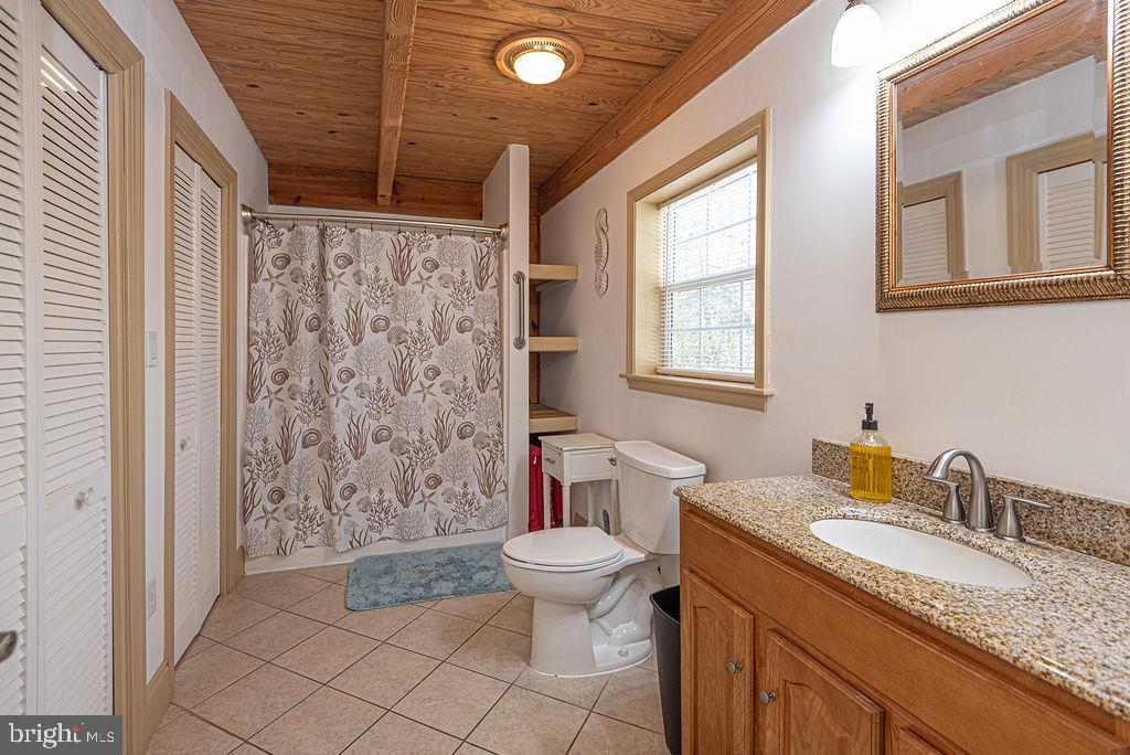 36107 Camp Barnes Road Frankford, DE 19945 - Photo 17 of 83 a bathroom with a granite countertop sink a toilet a mirror and shower curtain