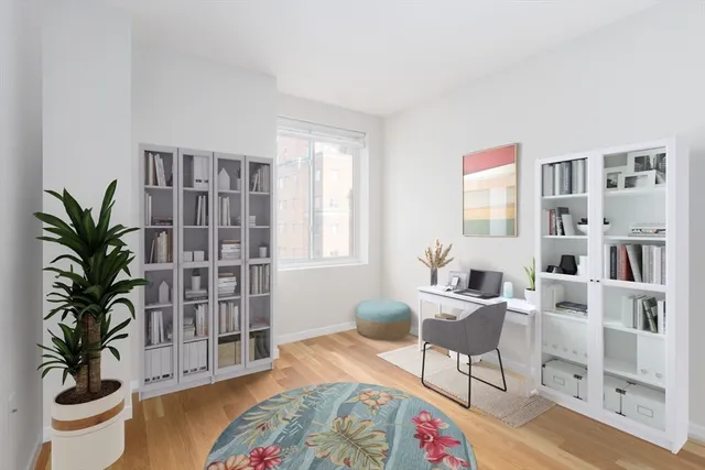 a living room with furniture and a potted plant