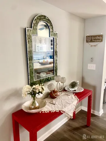 a view of a dining room with furniture