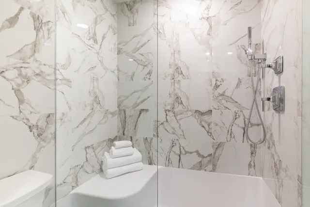 a bathroom with a toilet and shower