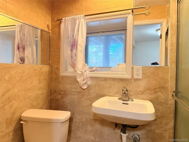 a bathroom with a sink a toilet and mirror
