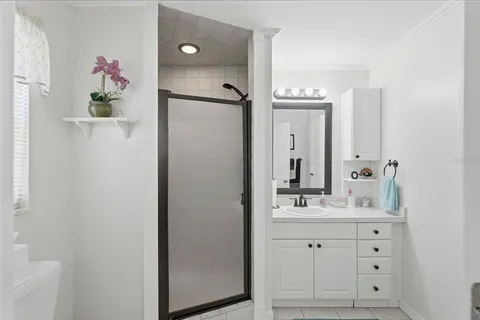a bathroom with a sink vanity and a mirror