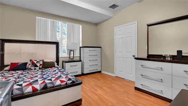 a bedroom with a bed and dresser