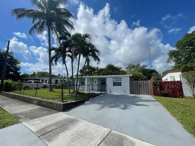 a view of a backyard with potted plants and palm trees