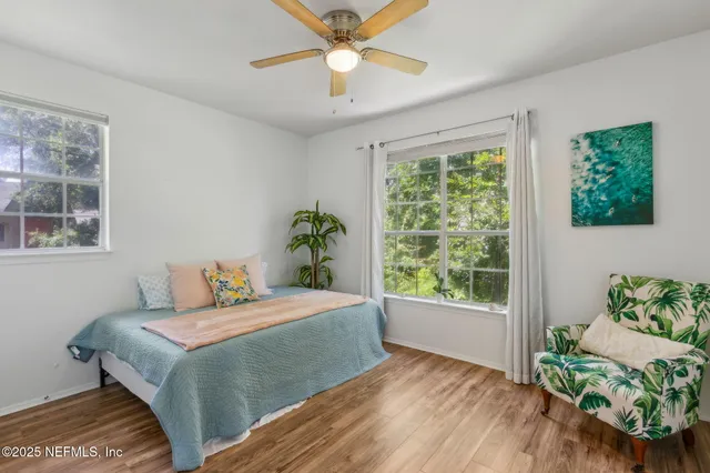 a view of a yard with plants and trees