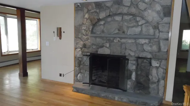 a room with a fireplace in it