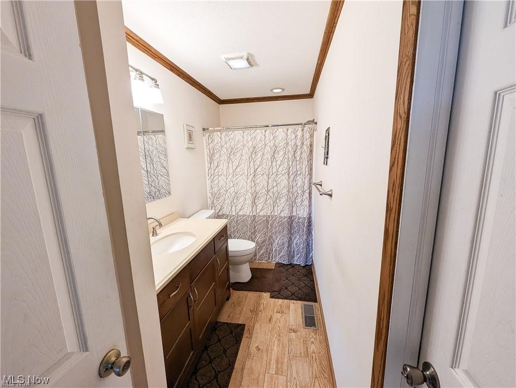 8635 Ridgley Road Mount Perry, OH 43760 - Photo 10 of 11 Bathroom with vanity, ornamental molding, toilet, and hardwood / wood-style flooring