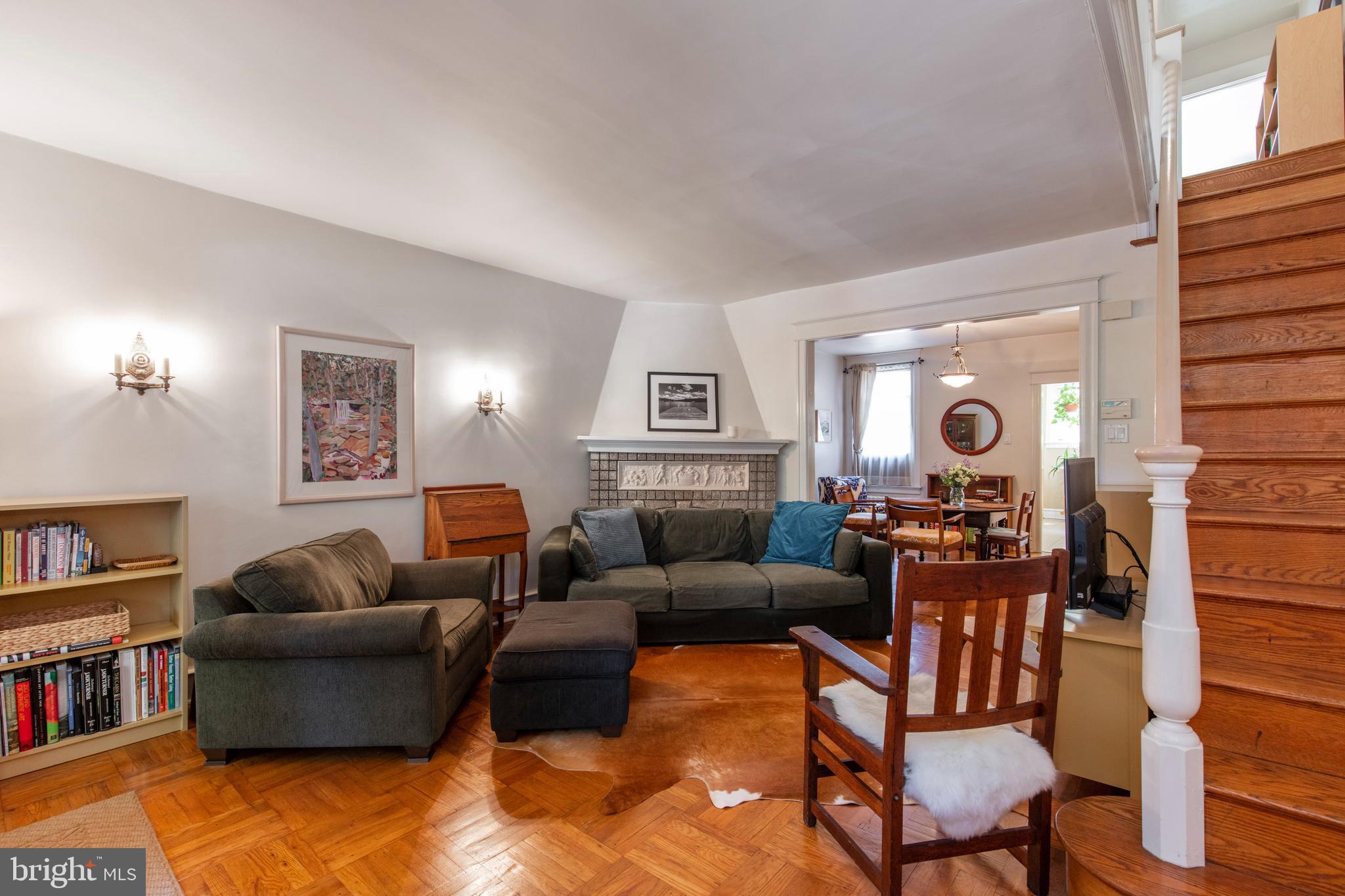 Living room with decorative fireplace