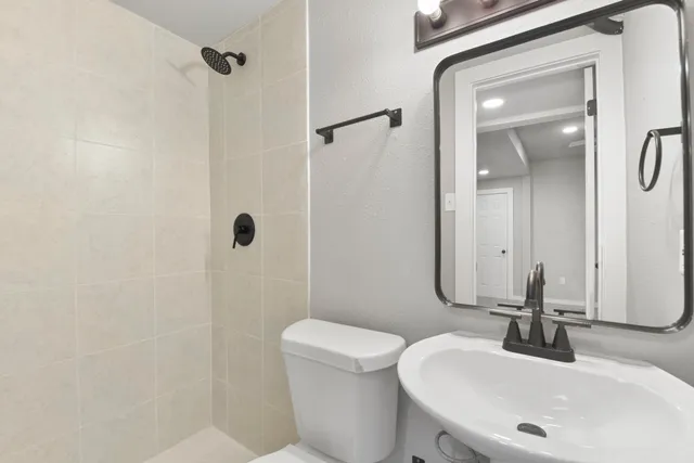 a bathroom with a toilet a sink and mirror