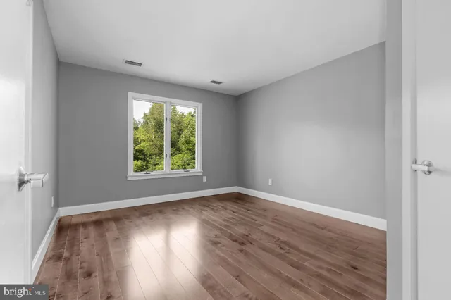 a room with a wooden floor and a potted plant