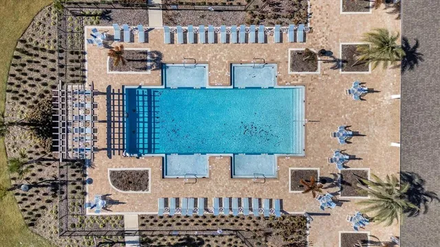 a view of a city with lawn chairs