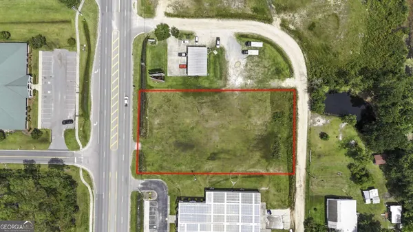 an aerial view of a swimming pool