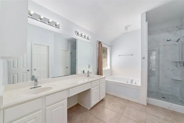 a bathroom with a double vanity sink mirror double and shower