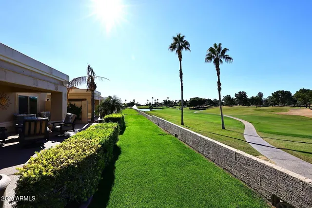 a view of a garden with a slide