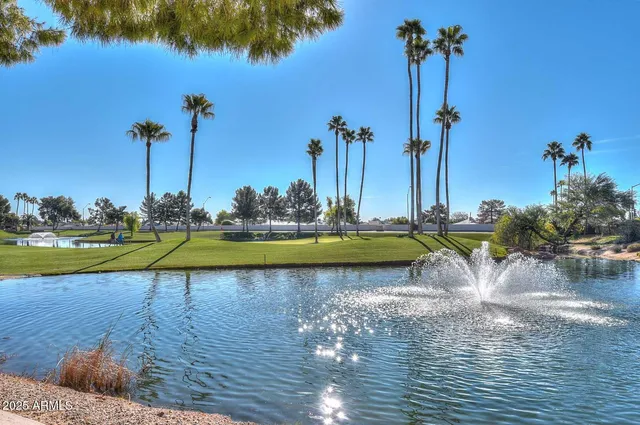 a view of a swimming pool with a yard