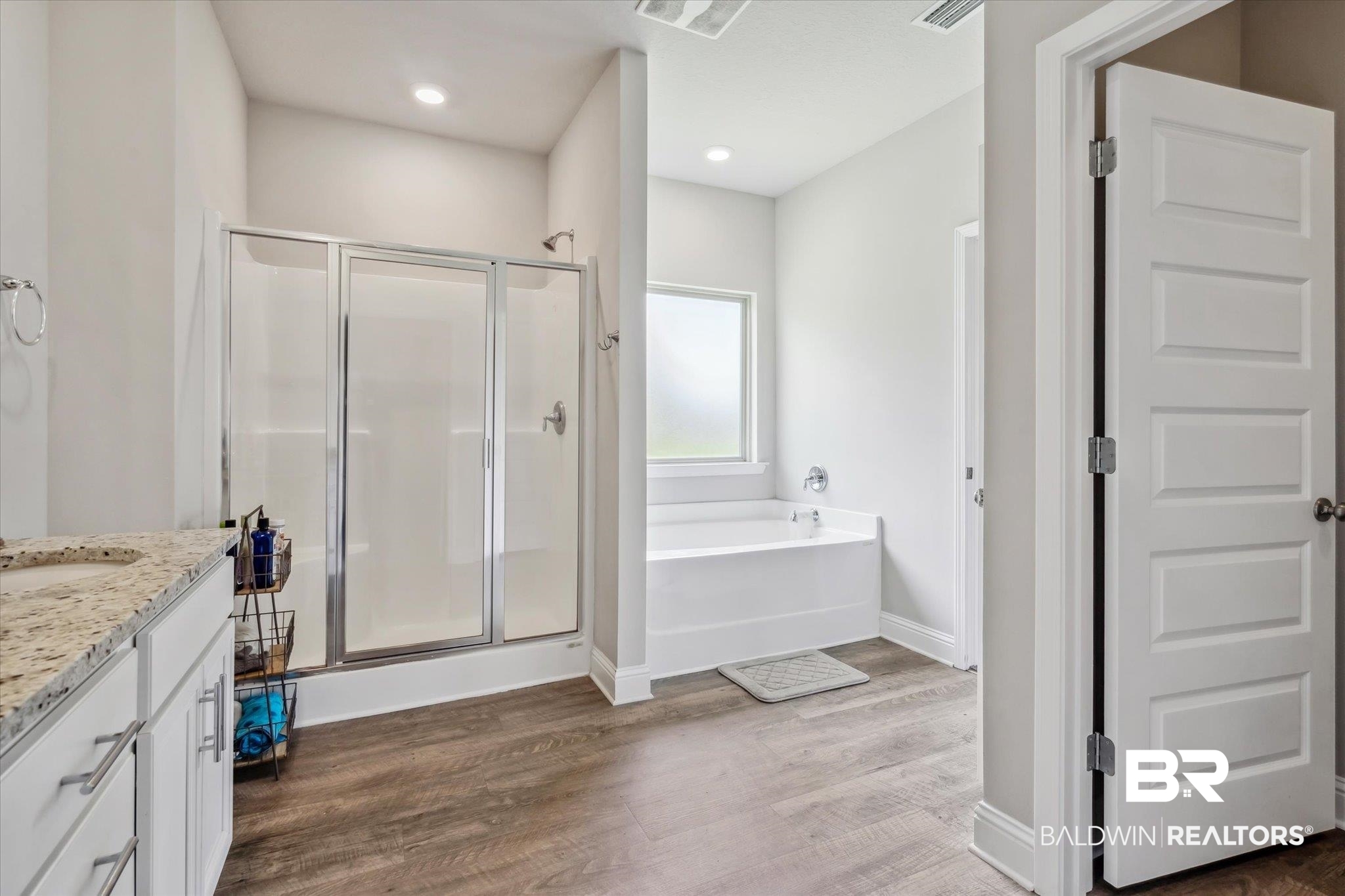 10501 Loamy Avenue Mobile, AL 36695 - Photo 17 of 30 Bathroom with wood-type flooring, plus walk in shower, and vanity