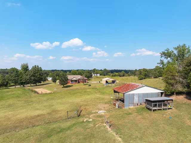 a view of a lake with lawn chairs and large trees