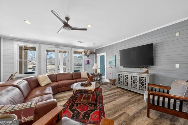 a view of a lake with a city