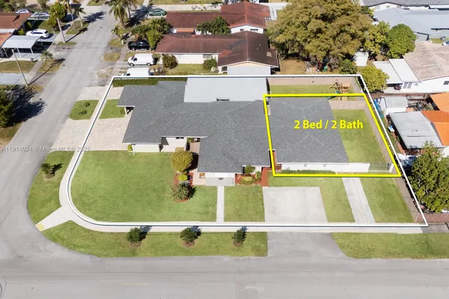 an aerial view of a swimming pool