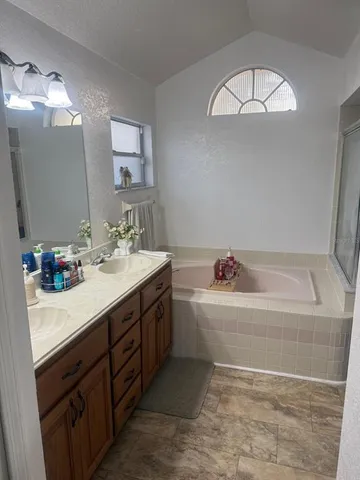 a bathroom with a tub sink and mirror