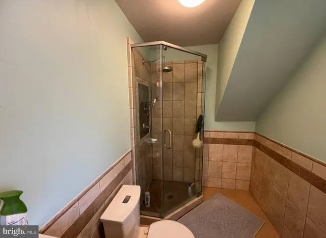 a bathroom with a shower and toilet