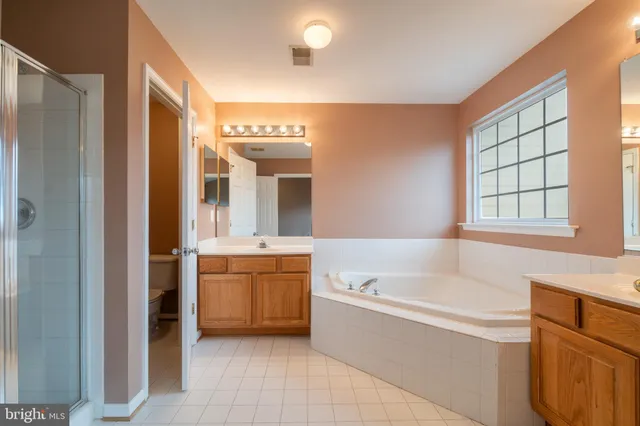 a bathroom with a tub sink and mirror