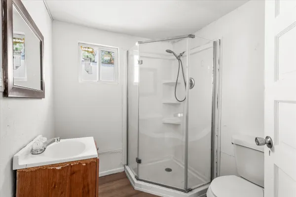 a bathroom with a shower a sink and a mirror