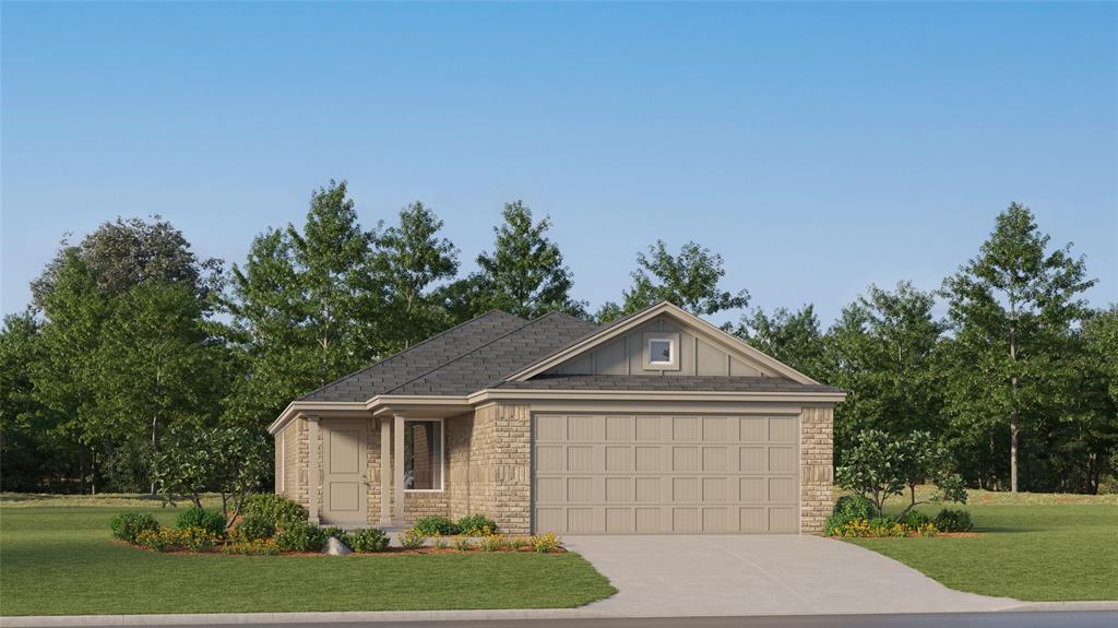 This single-story property features a stone and siding exterior, an attached garage, and a well-maintained lawn with mature trees in the background