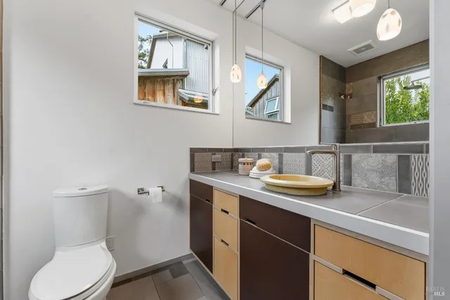 an aerial view of residential houses with outdoor space and trees