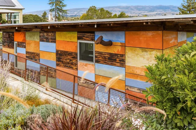 a front view of a house with a yard and potted plants