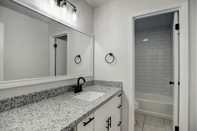 a bathroom with a granite countertop sink and a mirror