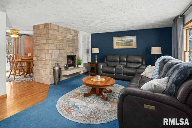 a living room with furniture and a fireplace