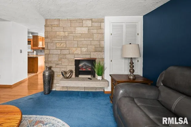 a living room with furniture and a fireplace