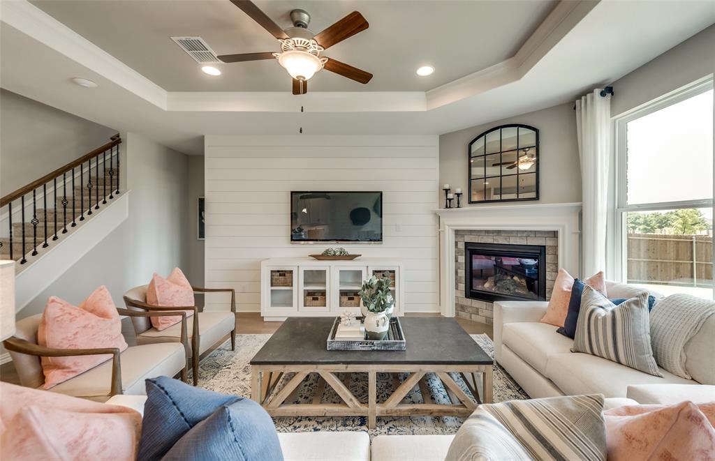 1608 Kendell Street Anna, TX 75409 - Photo 13 of 28 a living room with furniture a fireplace and a flat screen tv