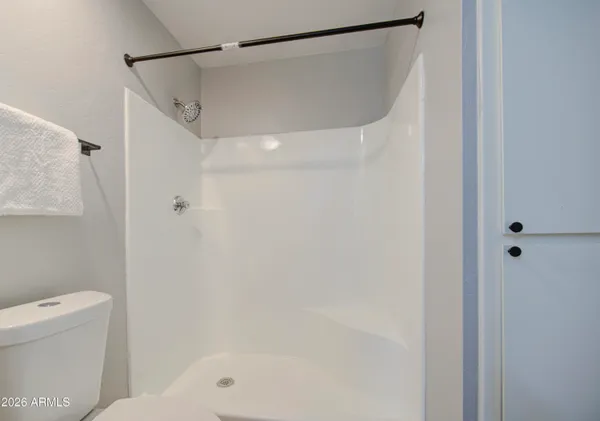 a bathroom with a shower and a toilet