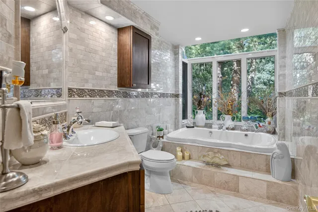 a bathroom with a double vanity sink toilet and a bathtub