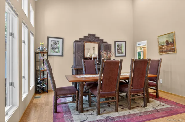 a view of a dining room with furniture