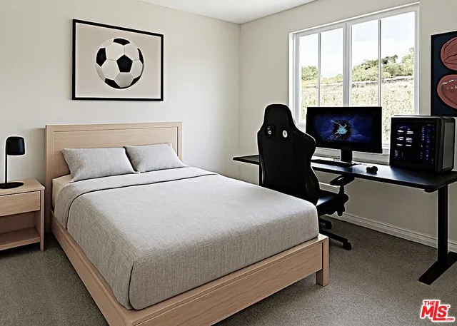 a bedroom with a bed and window