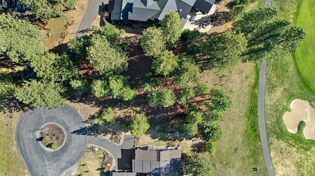 an aerial view of a house with a backyard
