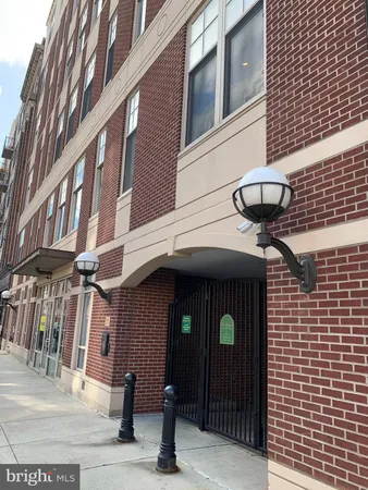 a front view of a building with a door
