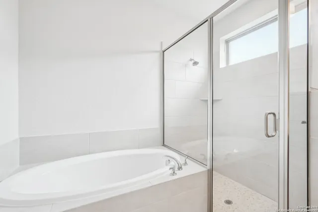 a bathroom with a bathtub and a shower