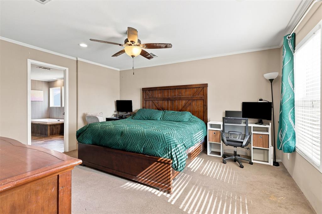 5519 Upper Denton Road Weatherford, TX 76085 - Photo 14 of 38 Recessed lighting, ceiling fan with integrated light, window with blinds, and wood-finish door frame