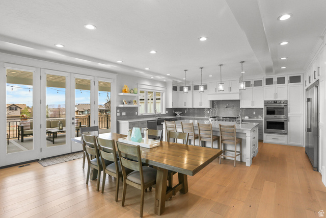 1354 South 800 East Mapleton, UT 84664 - Photo 17 of 129 Dining area featuring light wood-style floors, recessed lighting, and french doors