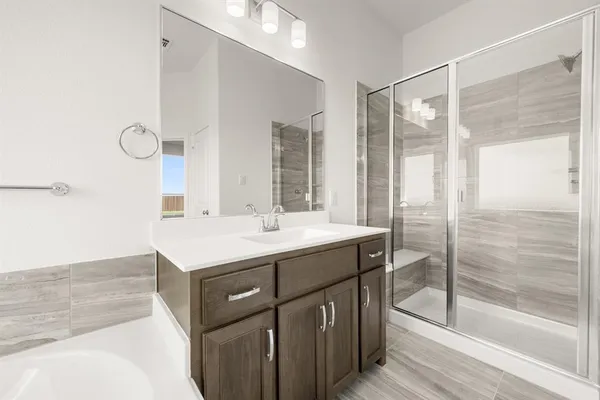 a bathroom with a shower sink and mirror