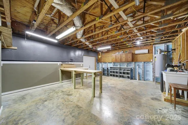 a view of a room with wooden racks